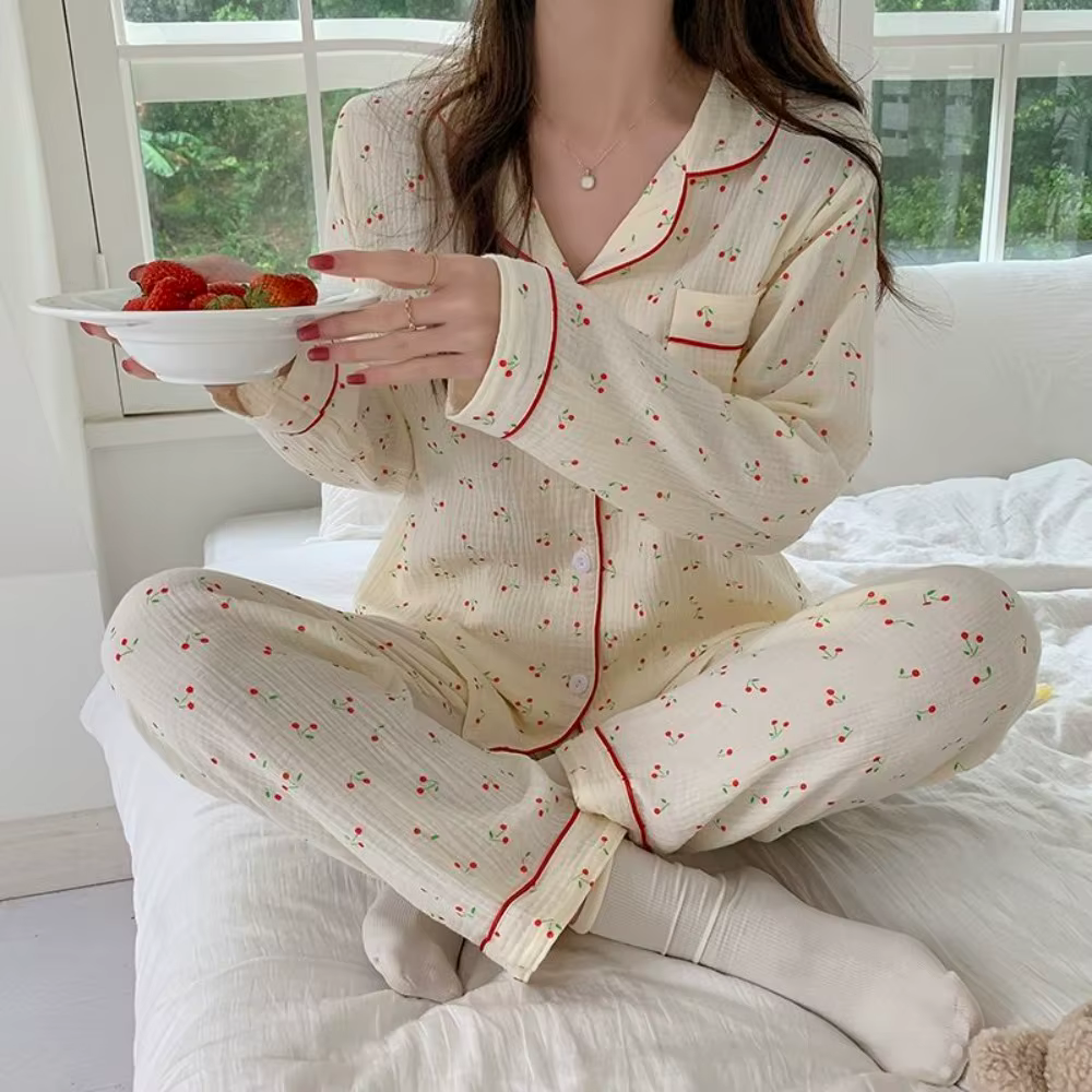 Pyjama en dentelle à volants cerise pour femme, ensemble deux pièces ample à revers, tenue de nuit d