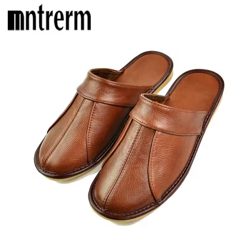 Mntrerm-Pantoufles à enfiler en cuir de vache véritable pour hommes, chaussures souples et confortab