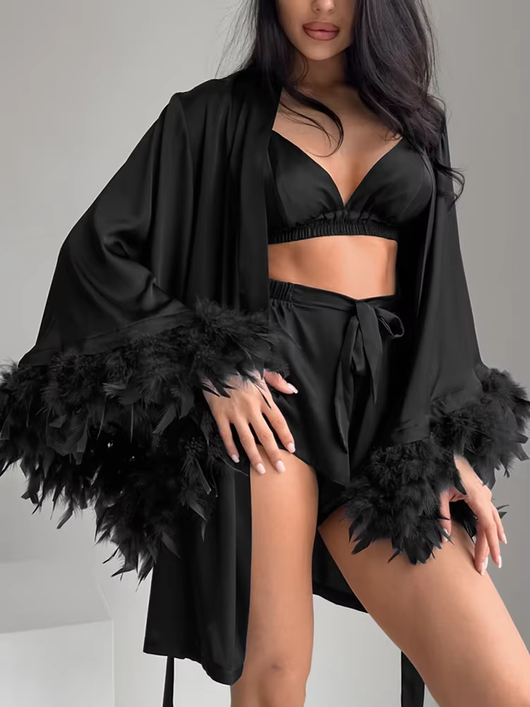 Pyjama grande taille pour femmes, ensemble 3 pièces, plumes, manches longues, vêtements de nuit, sou