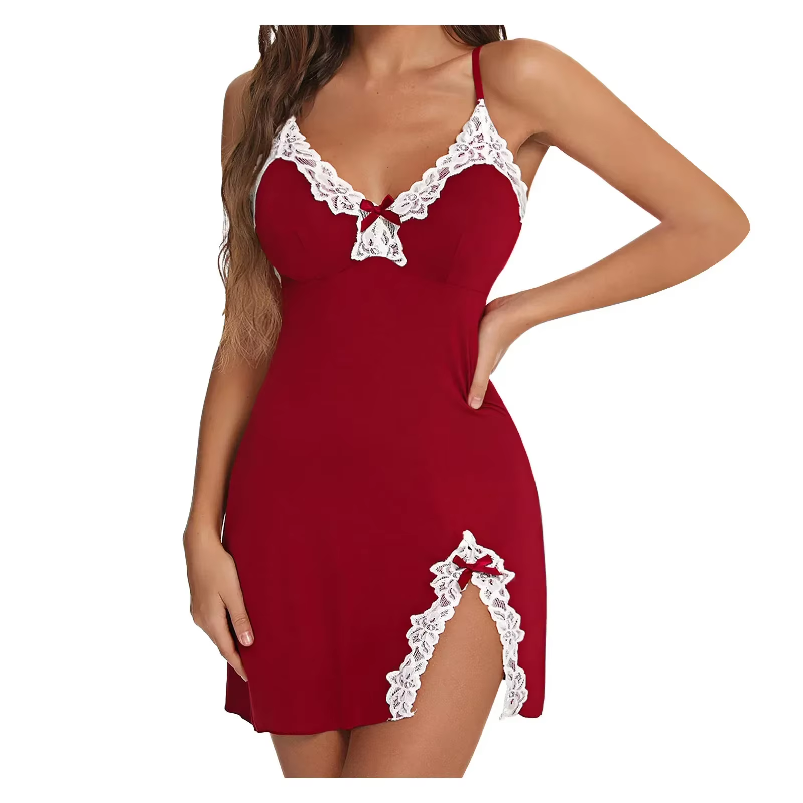 Chemise de nuit Sexy en dentelle pour femmes, avec nœud, vêtements de nuit sans couture, col en V, L