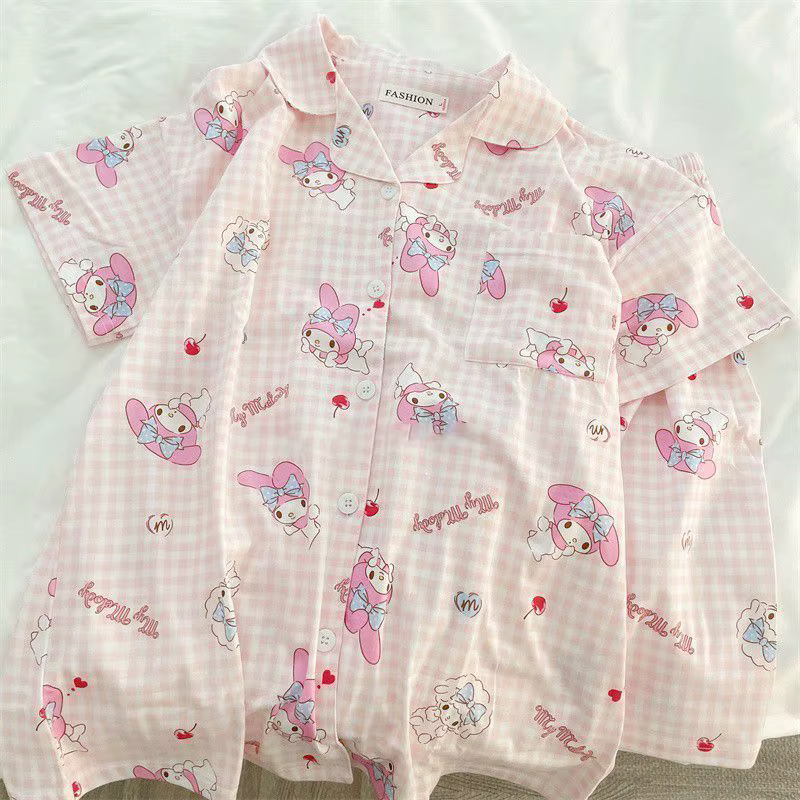 Pyjama Sanrio My Melody mignon pour femmes, pyjama d'été, short, manches courtes, vêtements de nuit,