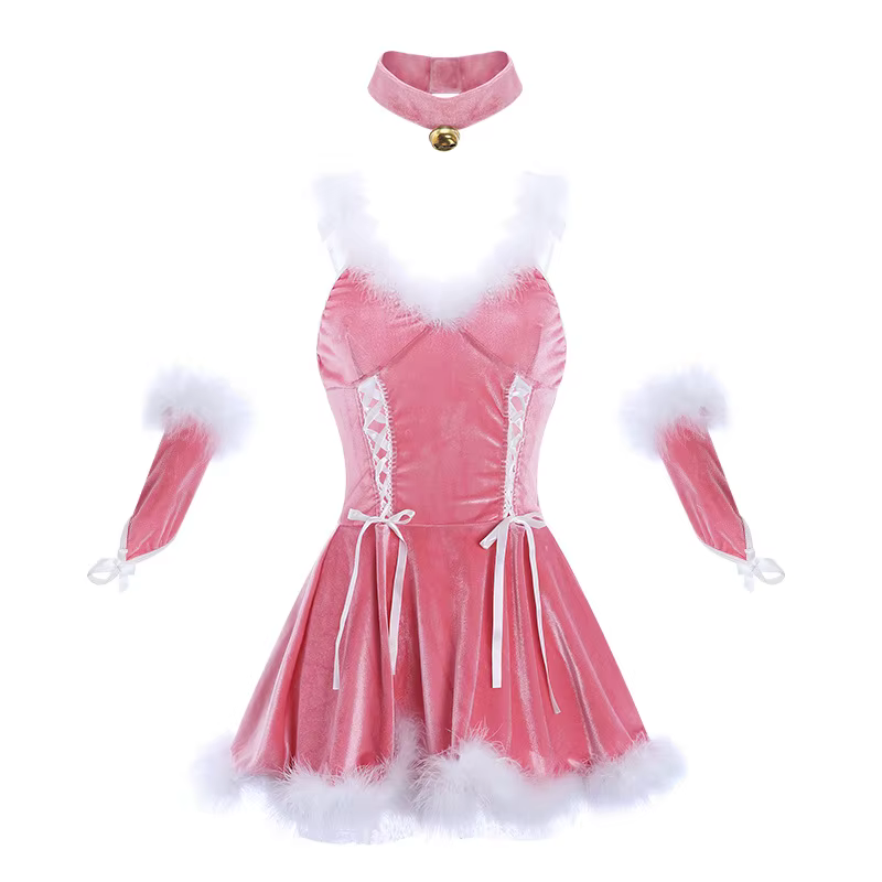 Chemise de nuit de noël rose pour femmes, ensemble de Lingerie Sexy, col en v, Costumes de fête en p