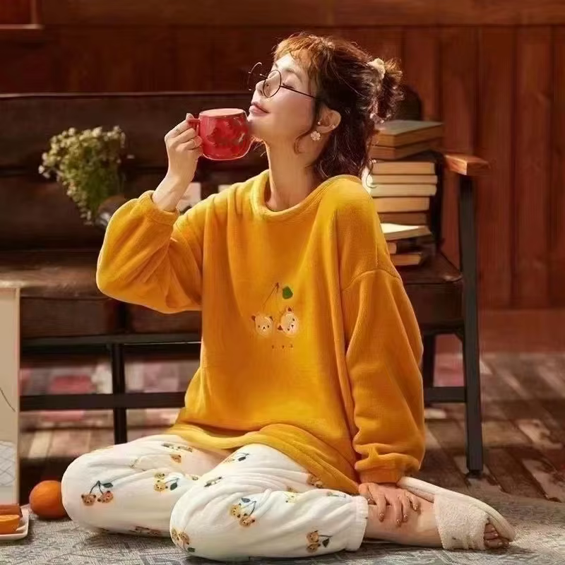 Ensemble de pyjama à imprimé cerises pour femmes, automne-hiver, nouveau, chaud, col rond, vêtements
