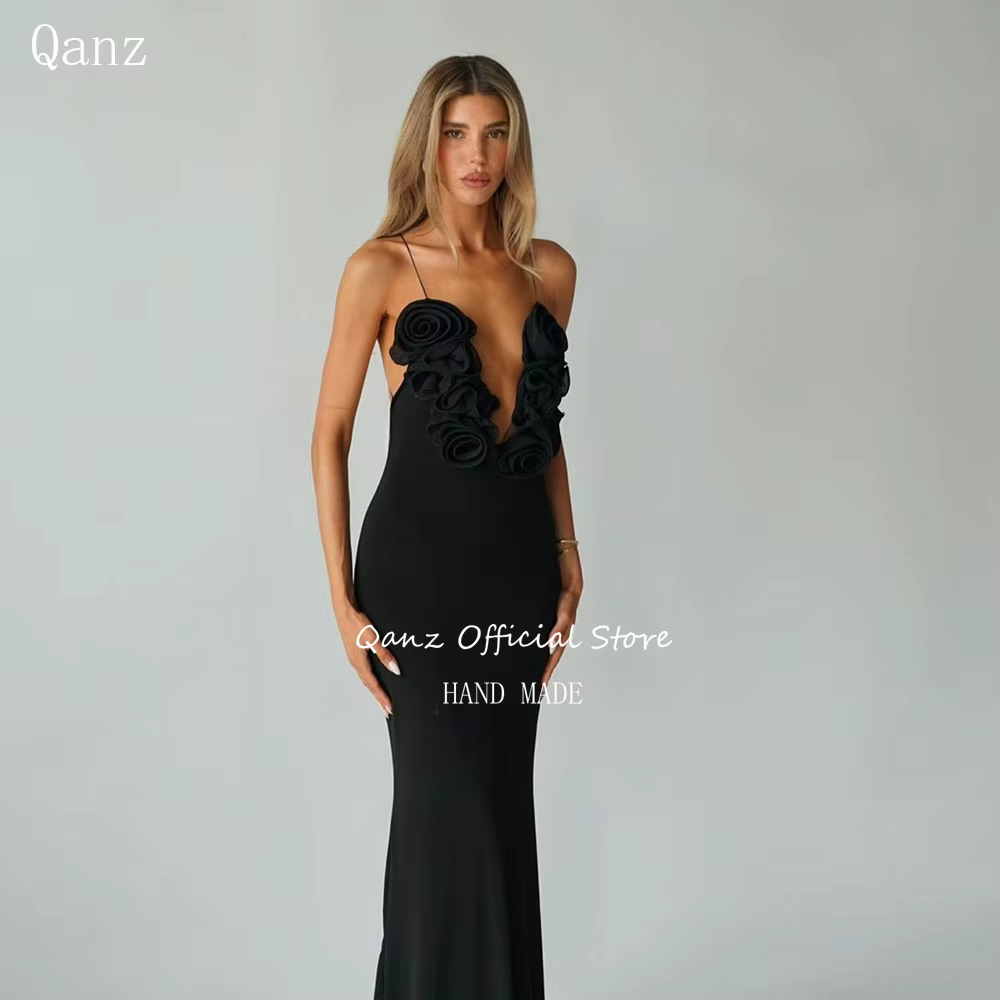 Qanz Robe de soirée sirène sexy, dos nu, noire, Vestido De Festa, bretelles spaghetti, col en V prof