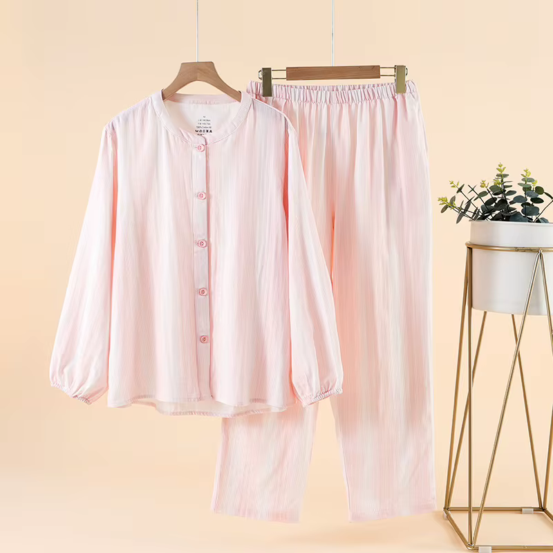Pyjama en coton à rayures dégradées, Double gaze, vêtements de détente pour couples, col rond, manch