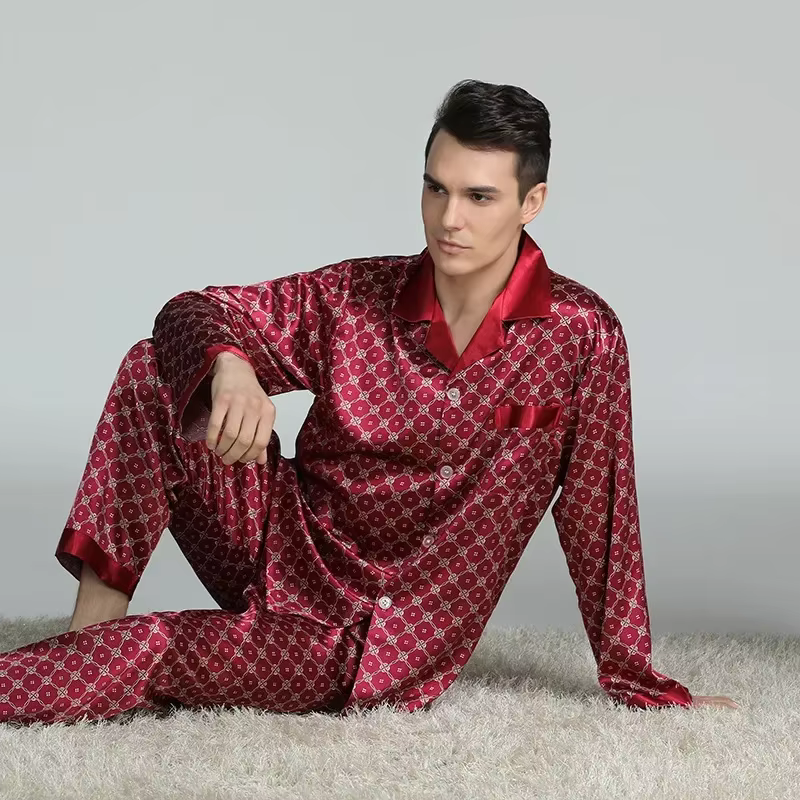 Pyjama en Satin de soie pour hommes, vêtements de nuit, confortable, doux, imprimé, chemise de nuit 