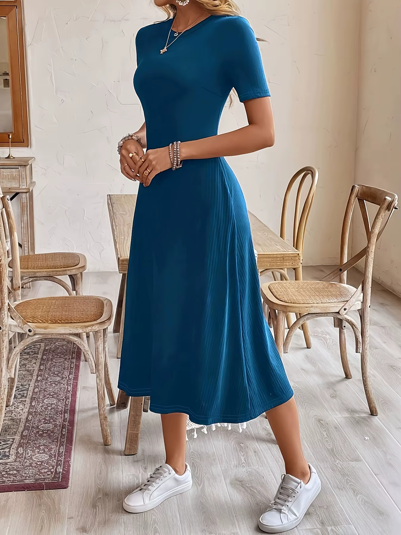 Bleu marine femmes surdimensionné robe tissée décontracté bohème Maxi été a-ligne longue pleine long