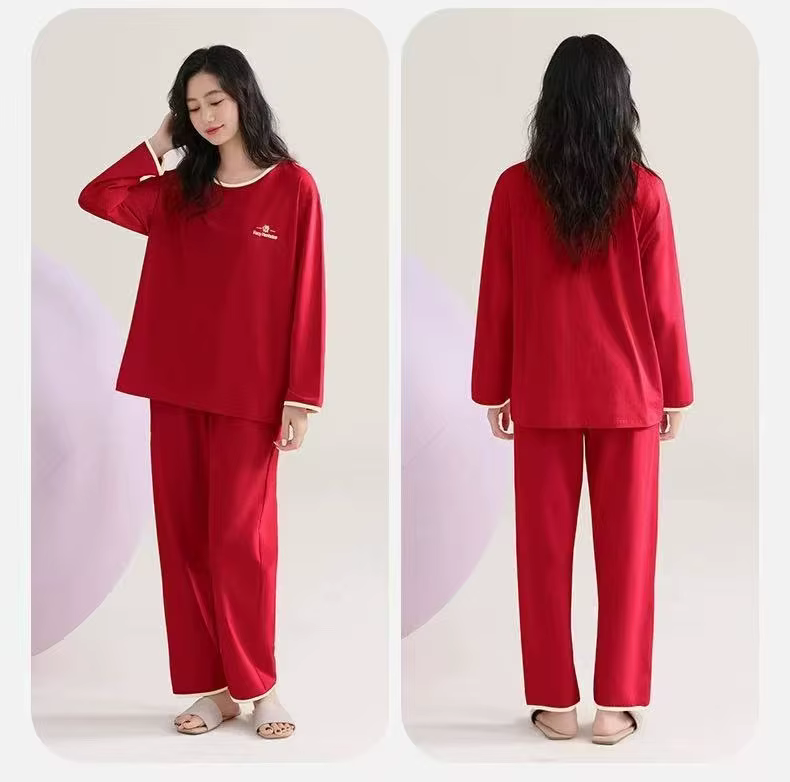 Ensemble de pyjama rouge pour femmes, nouveau, manches longues, pantalon, décontracté, printemps, au