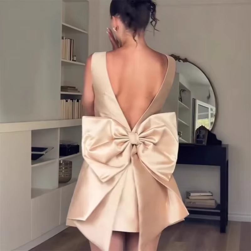 Robe dos nu en satin avec nœud pour femme, robe de soirée élégante, taille haute, printemps et été 2