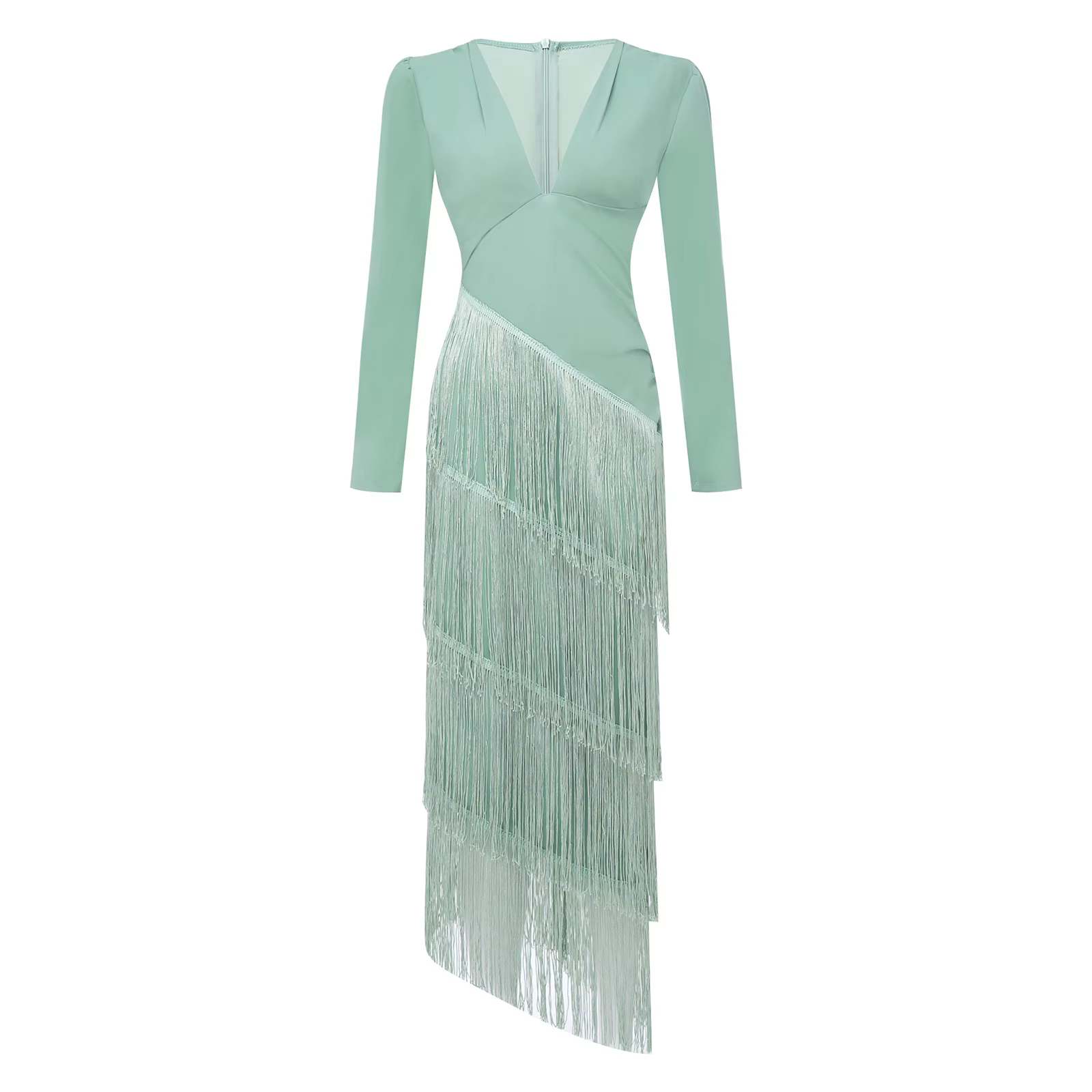 Robe moulante pour femme froncée et à franges, col en V profond, manches longues, ourlet irrégulier 
