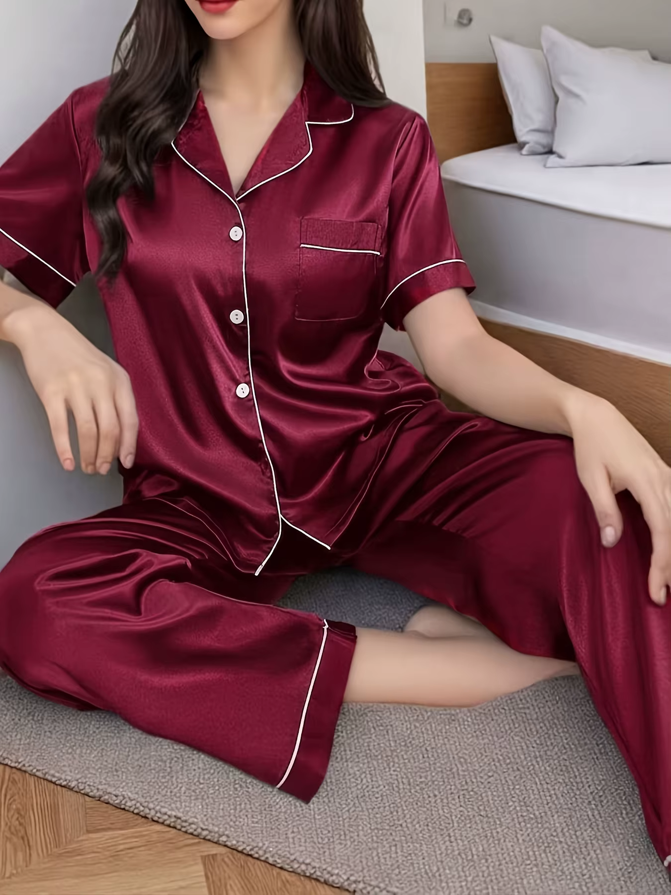 Ensemble de pyjama en satin de soie pour femmes, haut à manches courtes et pantalon long, confortabl