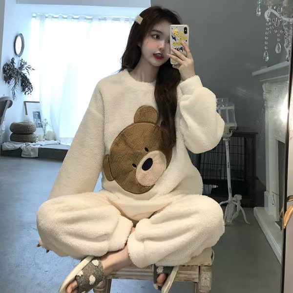 Ensemble pyjama en molleton épais et chaud pour femme, vêtements de nuit d'hiver, haut rigide et pan