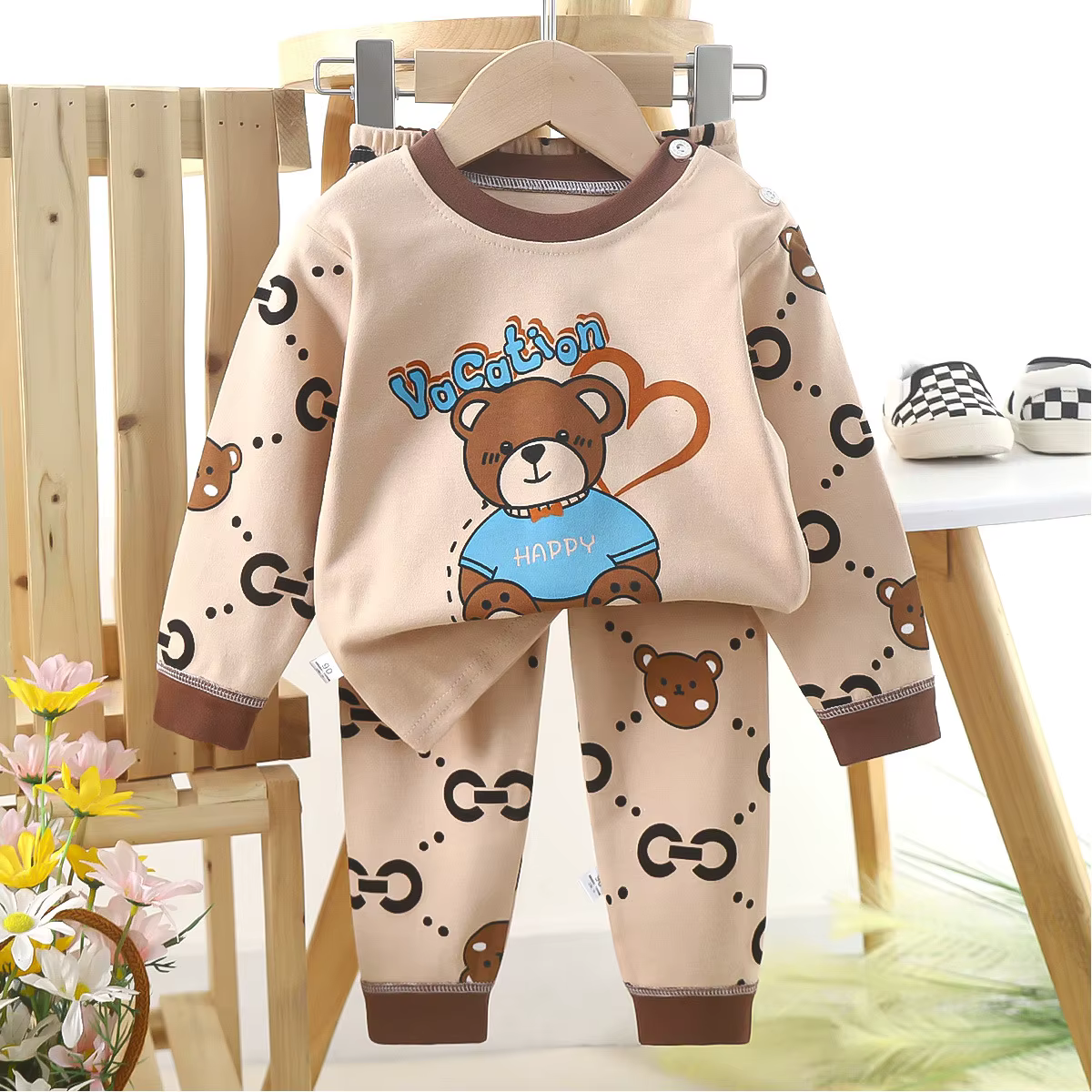 Enfants garçons décontracté chaud coton pyjamas mignon dessin animé ours à manches longues t-shirts 