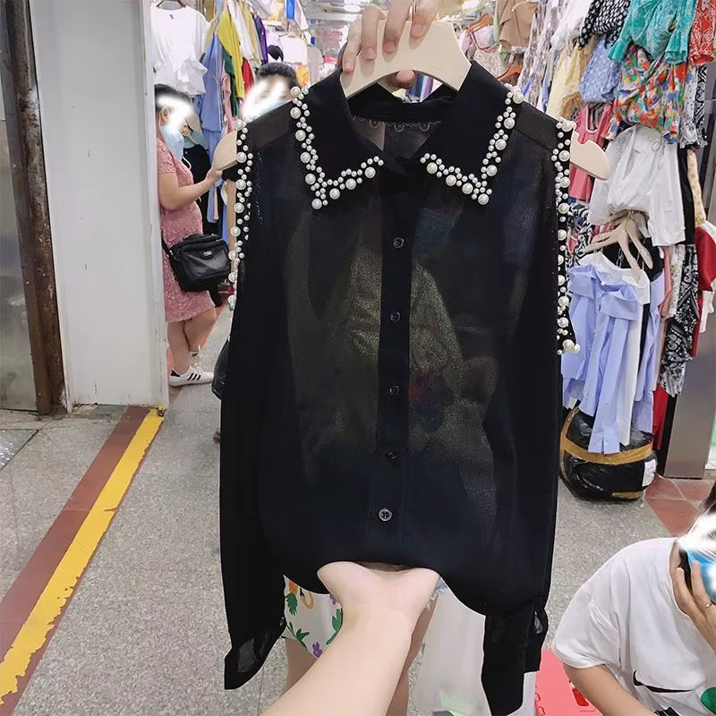 Mode femmes vêtements mince perle hauts en mousseline de soie lâche épaules nues Blouse 2025 printem