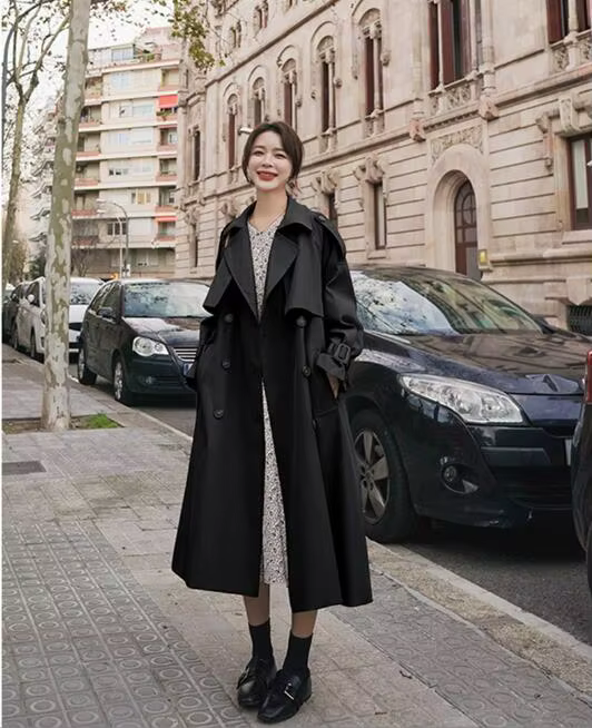 Coupe-vent long pour femme, veste de travail, manteau tralike, pardessus en Y, revers doubles bouton
