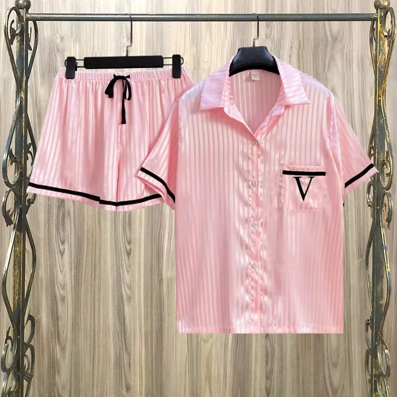 Ensemble de pyjama classique rayé pour femme, pyjama en satin rose doux et mignon, deux pièces, été,