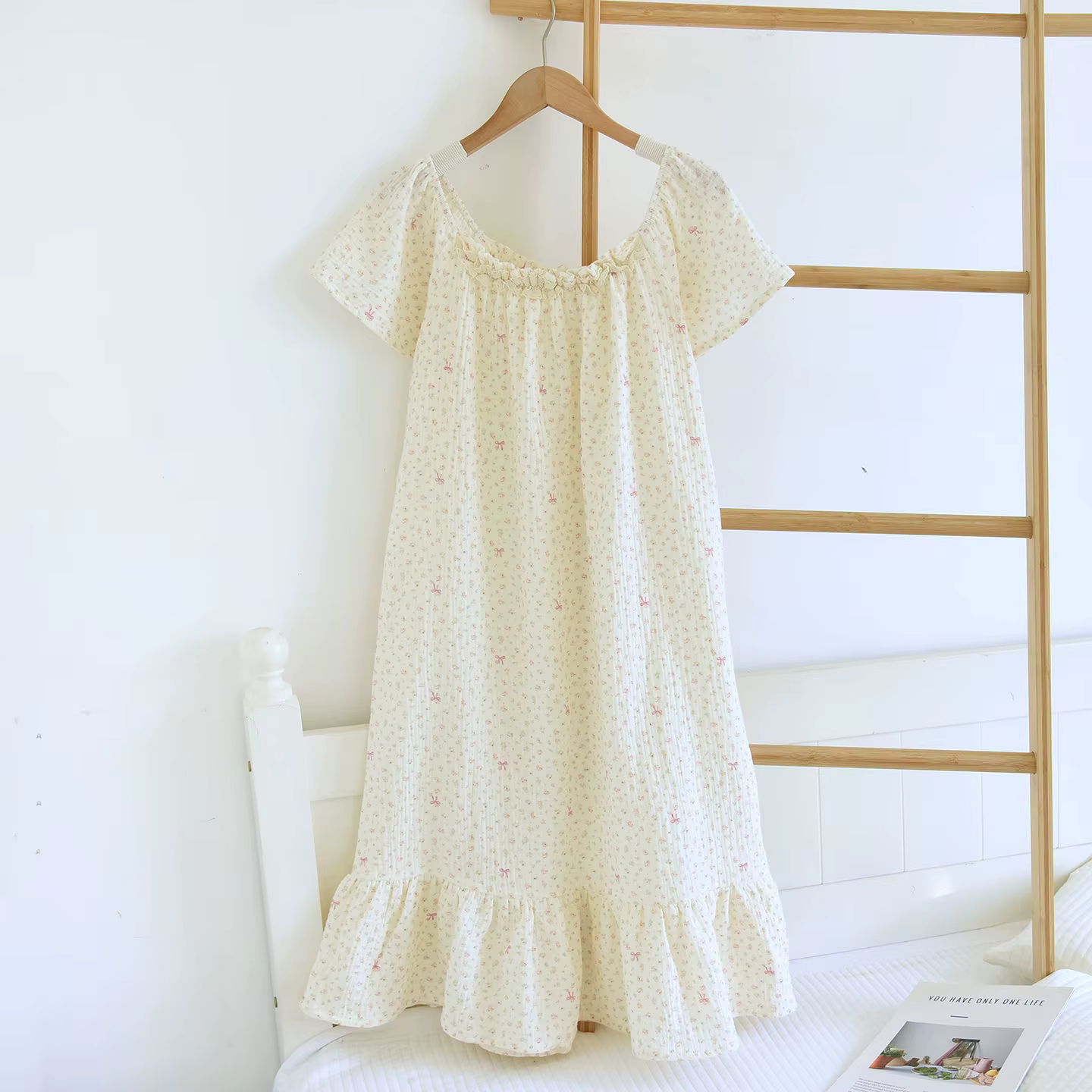 Chemise de nuit en coton fin à imprimé floral pour femme, pyjama d'été doux et mignon à manches cour