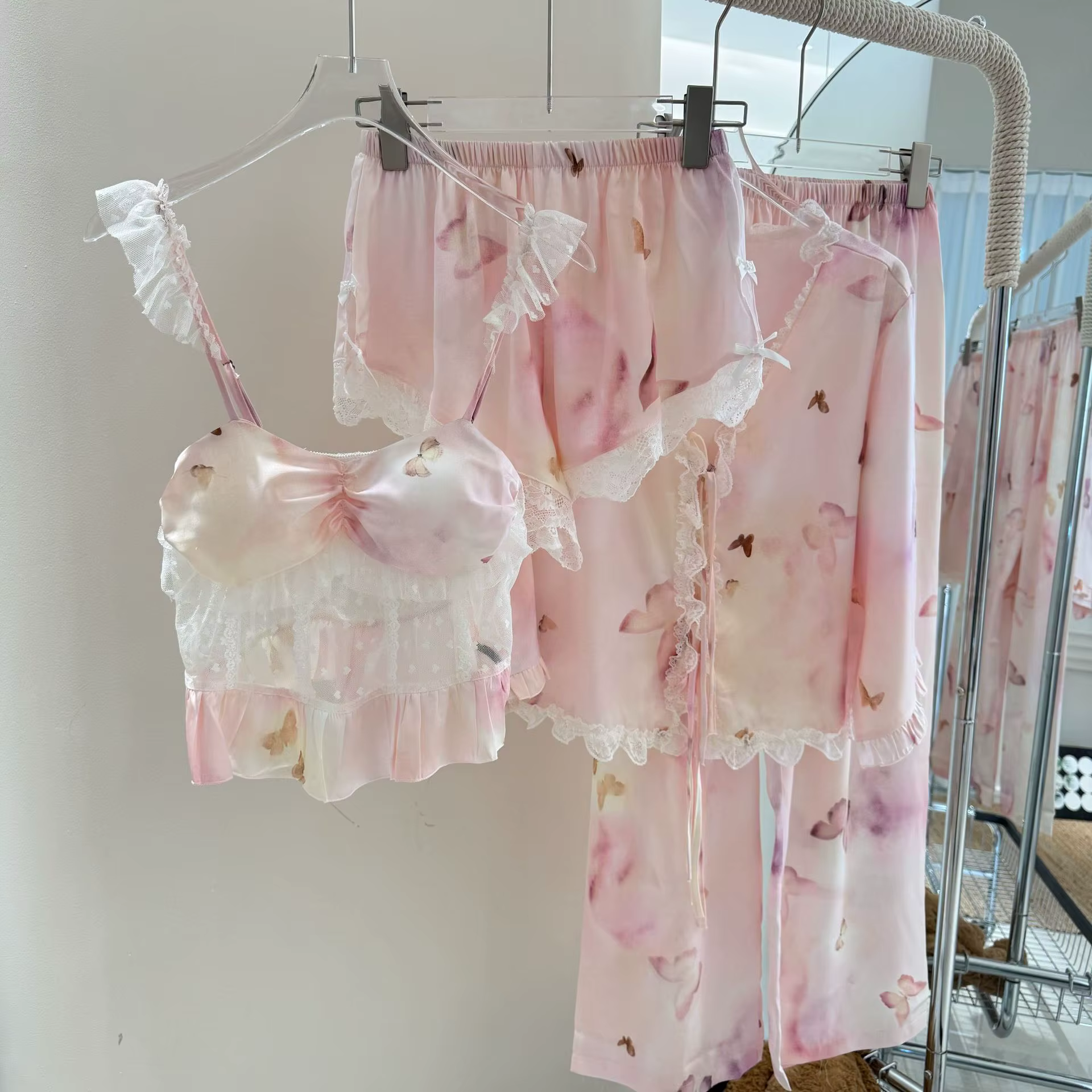 Ensemble pyjama d'été 4 pièces pour femme, vêtements de nuit, Sexy, dentelle, imprimé Floral, Satin,