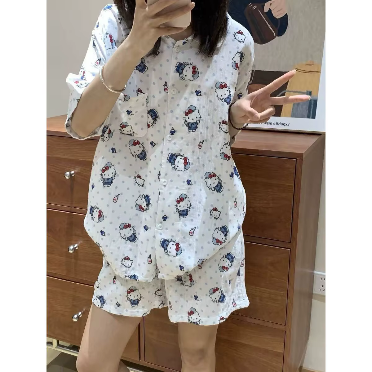 Ensemble pyjama d'été 2 pièces Hello Kitty pour femme, à pois, manches courtes et short, motif dessi
