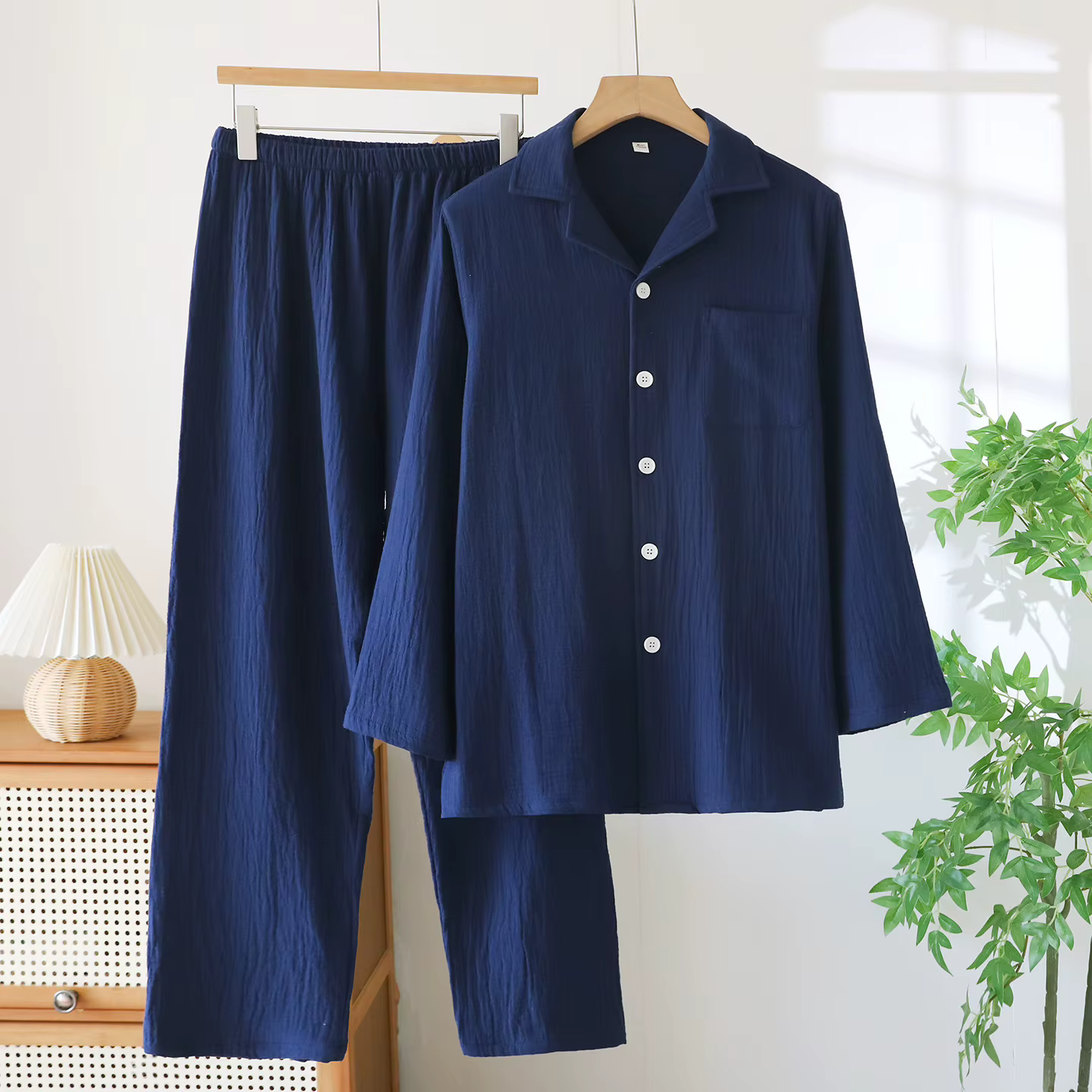 Pyjama fin à manches longues pour hommes, grande taille, vêtements de détente en gaze de coton pur, 