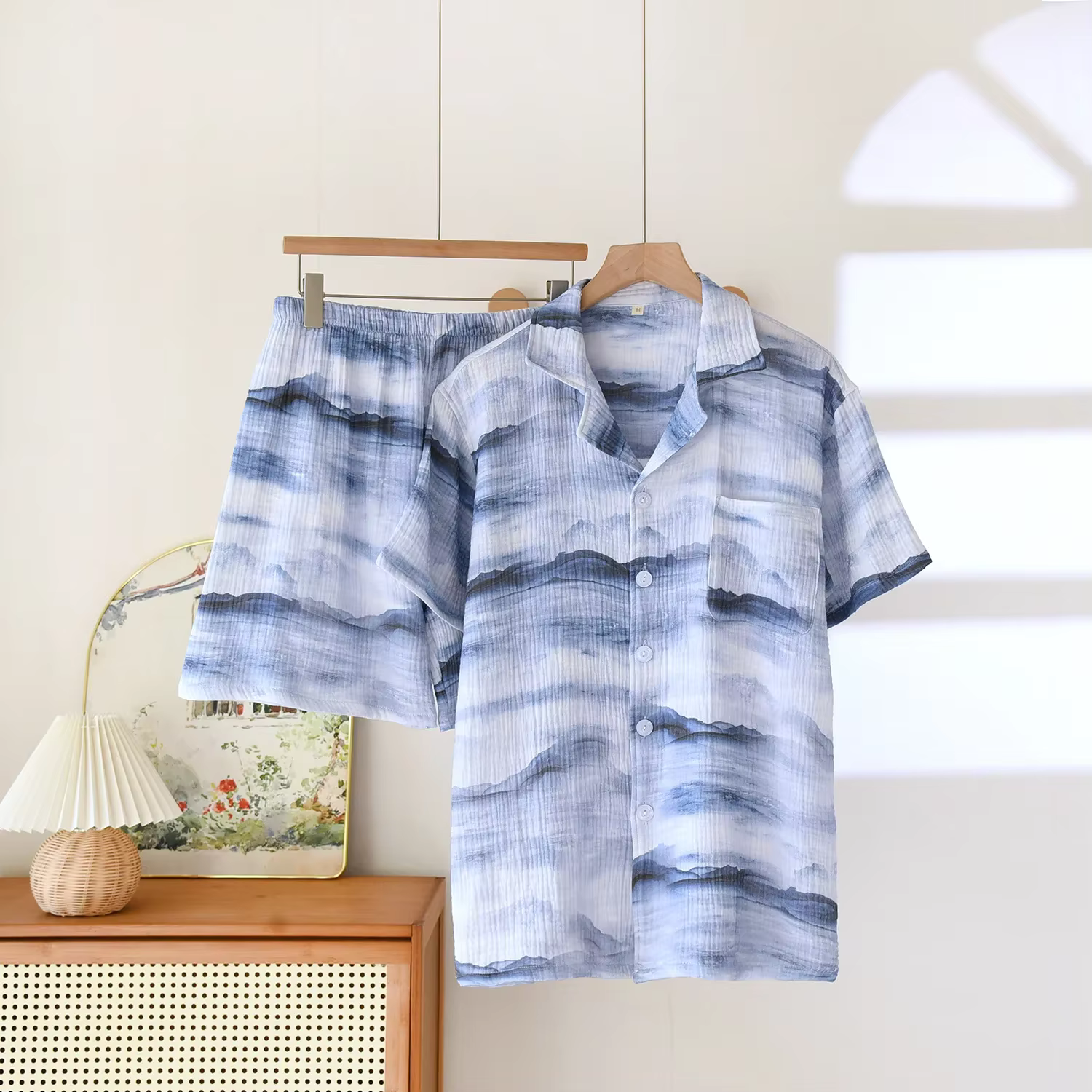 Pyjama en gaze de coton pur pour hommes, Short à manches courtes, ensemble de vêtements de détente f