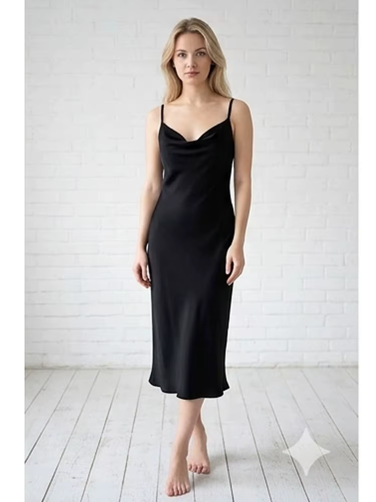 Robe de nuit longue noire en satin à col bénitier, lingerie de mariée, robe de nuit soyeuse pour lun