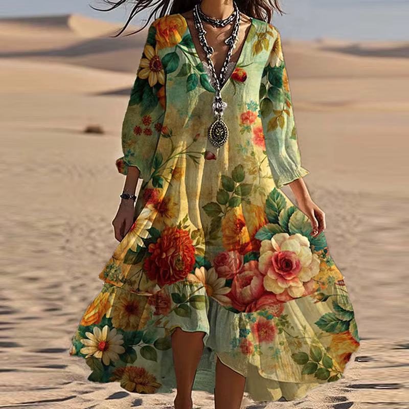 Robe Maxi Chic à manches trois quarts pour femmes, robe de soirée en Patchwork à col en V, ample et 