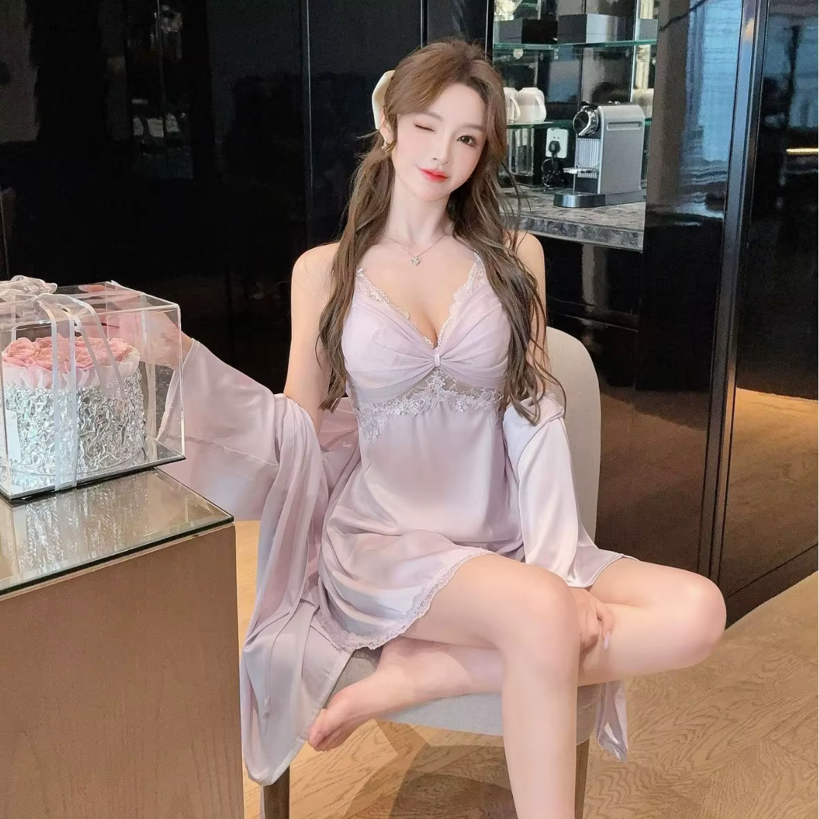 Ensemble de Robe rose en Satin pour femmes, Peignoir Sexy, Robes de soirée de mariage, garniture en 
