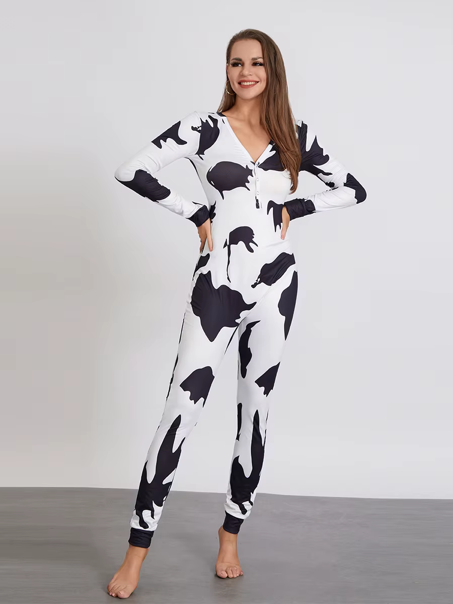 Pyjama de salon imprimé étoile pour femme, bouton bout à bout sexy, combinaison à rabat arrière, vêt