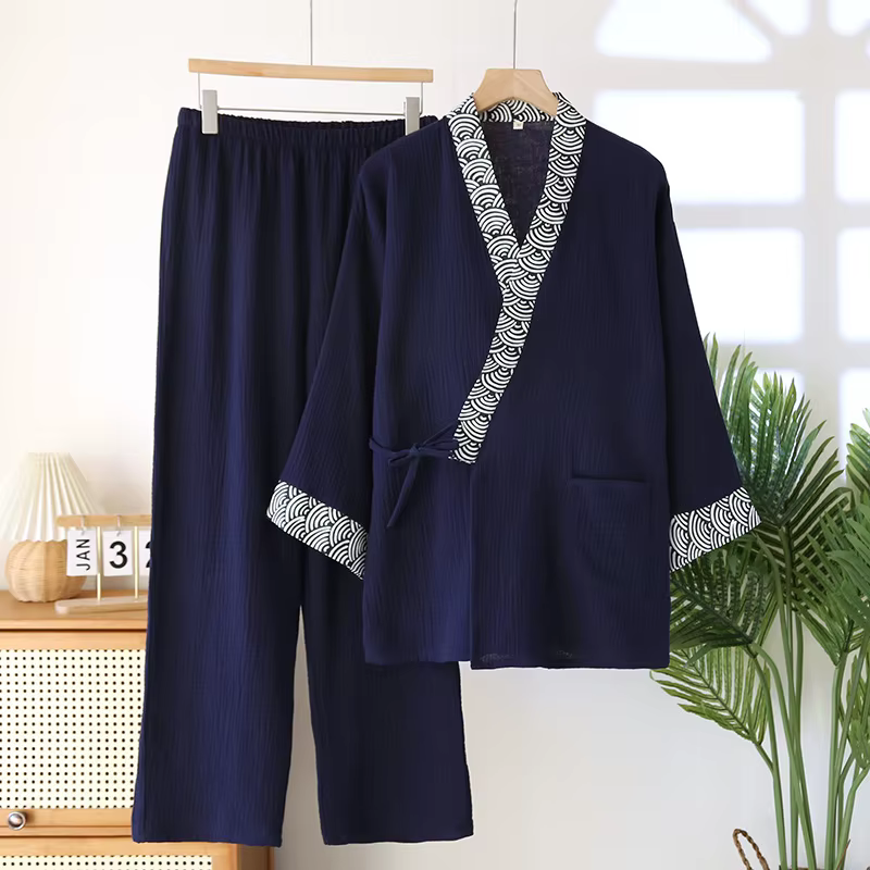 Ensemble pyjama homme 2026 : Kimono et pantalon à manches longues en coton crêpe pour l'automne et l