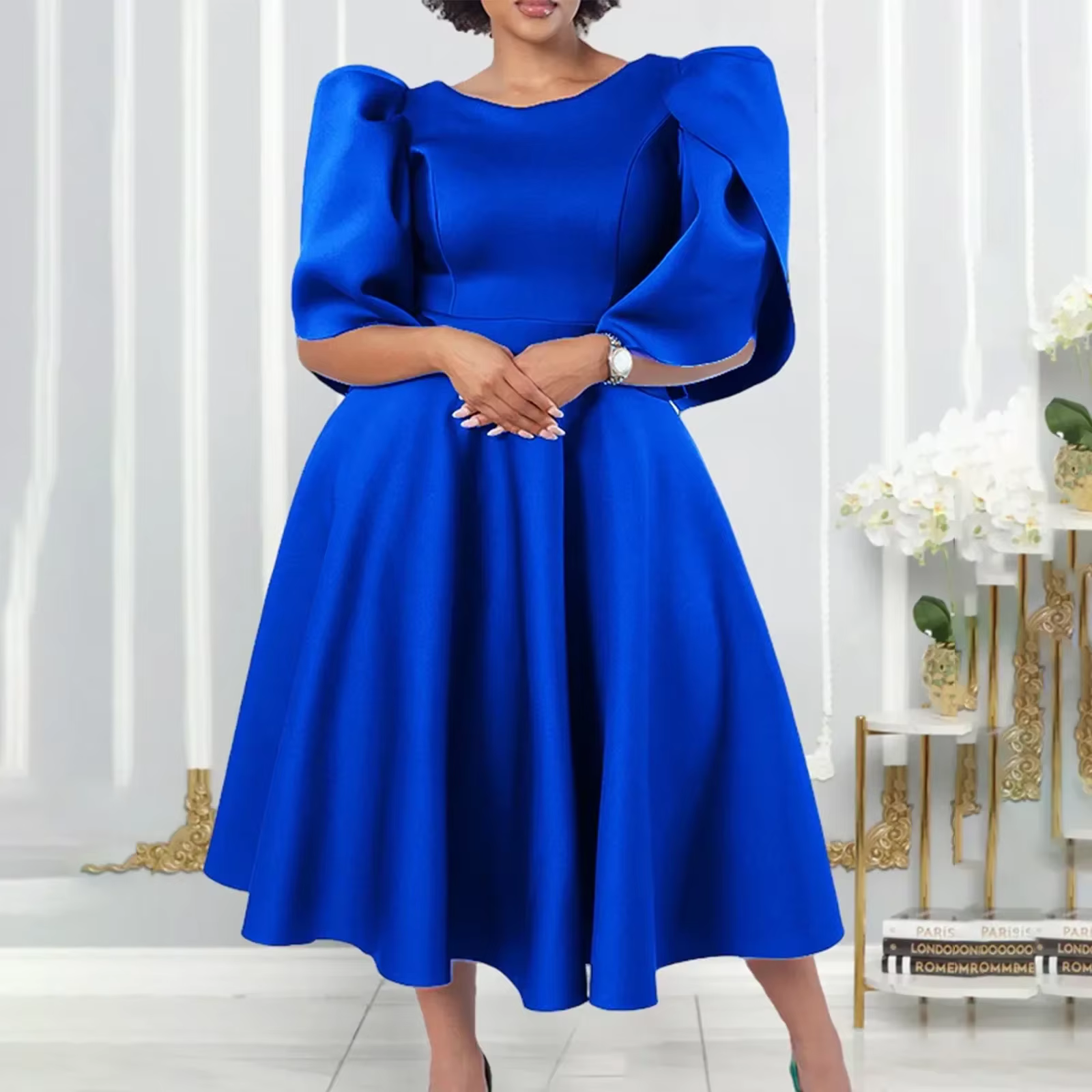 Robe de soirée plissée mi-mollet taille haute pour femme, col rond, demi-manches, robe élégante, lux