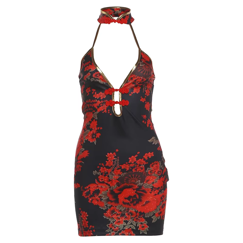 Robe Courte Sans Manches Femme Sexy Halter Imprimé Floral Bodycon Y2K Noire et Rouge Tenue de Soirée