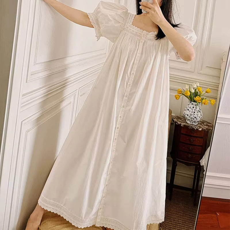 Robe de nuit blanche victorienne pour femmes, en pur coton, manches courtes, longue, Vintage, vêteme