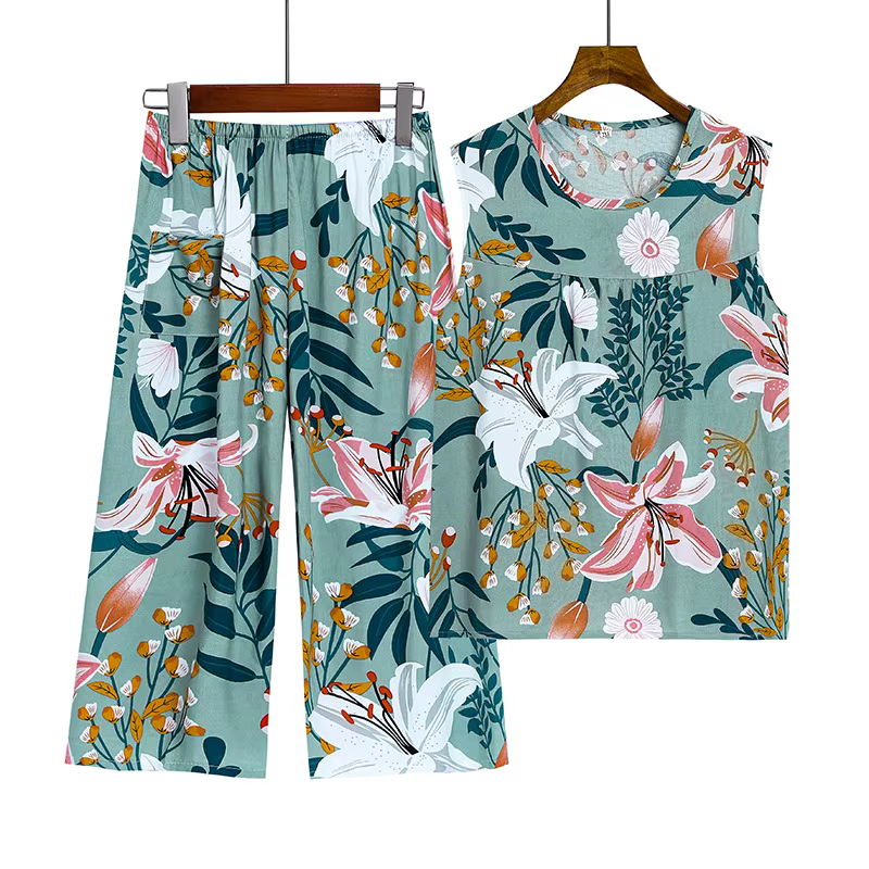 XL-4XL Pyjama Pour Femme Nouveau Imprimé D'âge Moyen Mère Deux Pièces Ensemble FiglaCapri Pantalon T