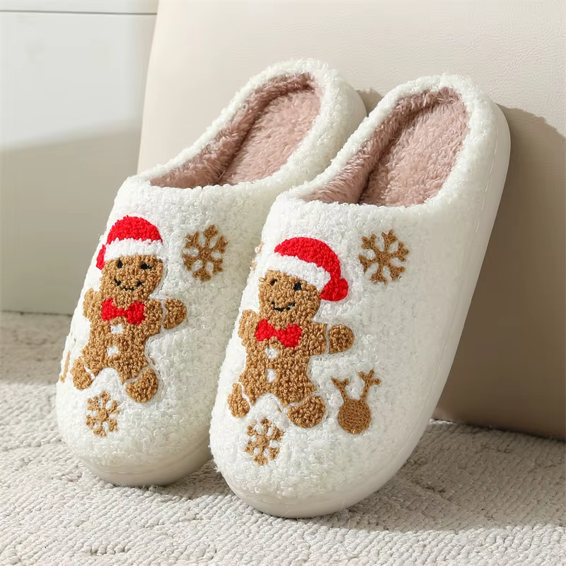 Pantoufles de Noël en peluche, commande en gros, chaussures d'hiver pour femmes et couples, diaposit