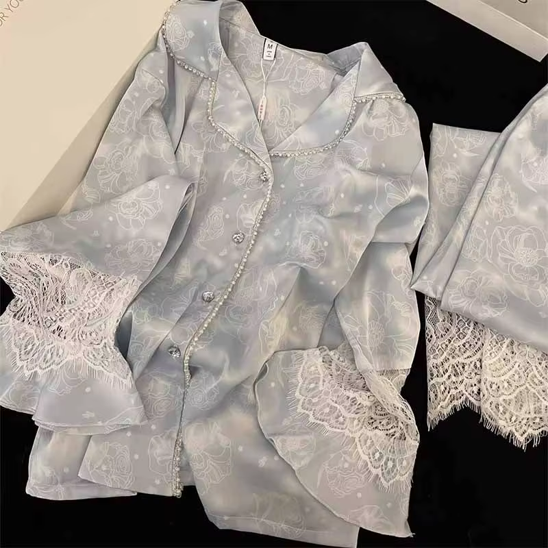 Soie deux pièces dames ensemble Pijama automne Floral à manches longues boutonné haut et pantalon vê