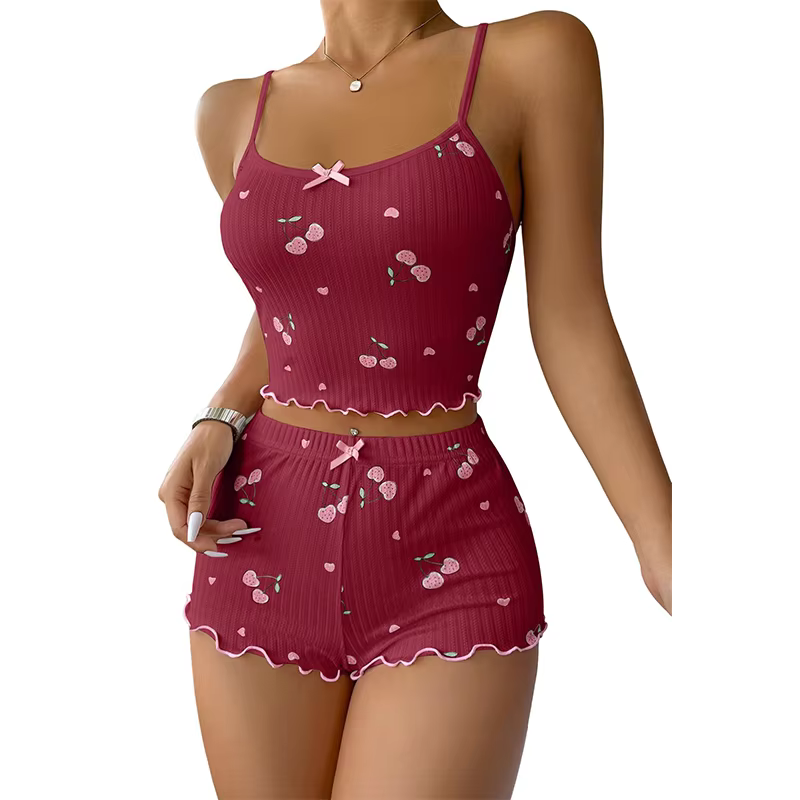 Ensemble pyjama 2 pièces pour femmes, haut caraco avec nœud imprimé cerise sur le devant et ensemble