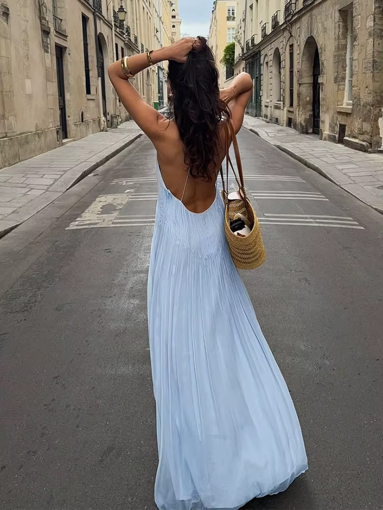 Robe longue de plage bleue dos nu pour femme, style licou, ample et plissée, pour l'été, les vacance