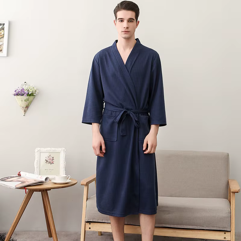 Peignoir long léger unisexe en tissu gaufré à manches trois-quarts pour hôtels, doux et respirant, v