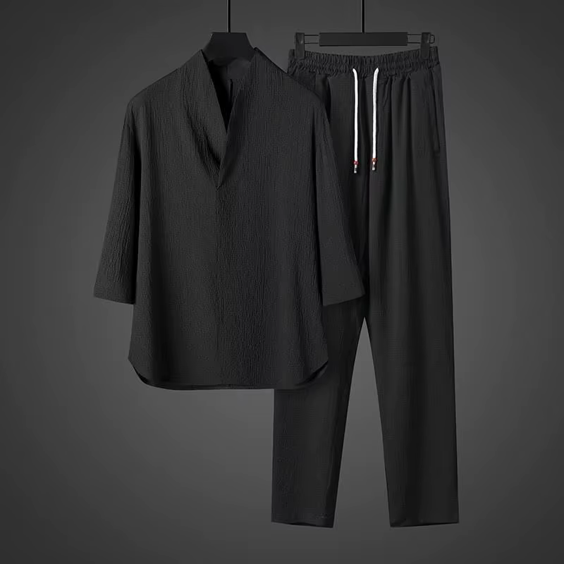 Ensemble Homme Printemps-Été Léger Deux Pièces en Soie Glacée : Haut Boutonné à Col en V et Manches 