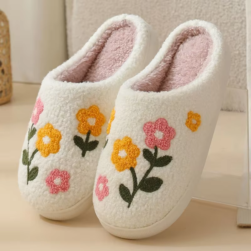 Mignon fleur broderie maison pantoufles femmes confortable semelle souple antidérapant intérieur cot