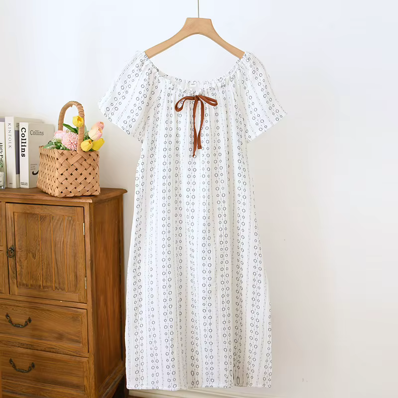 Chemise de nuit en crêpe de coton pur pour femmes, col rond, jupe à manches courtes, vêtements de dé
