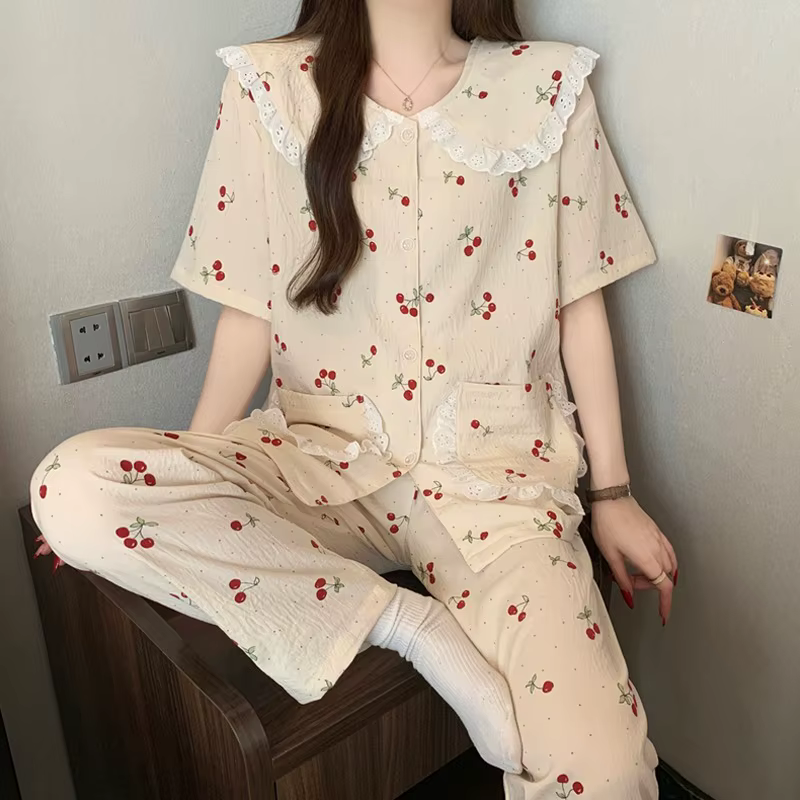 Ensemble de pyjama 2 pièces pour femmes à imprimé cerise pour l'été, vêtements de détente décontract
