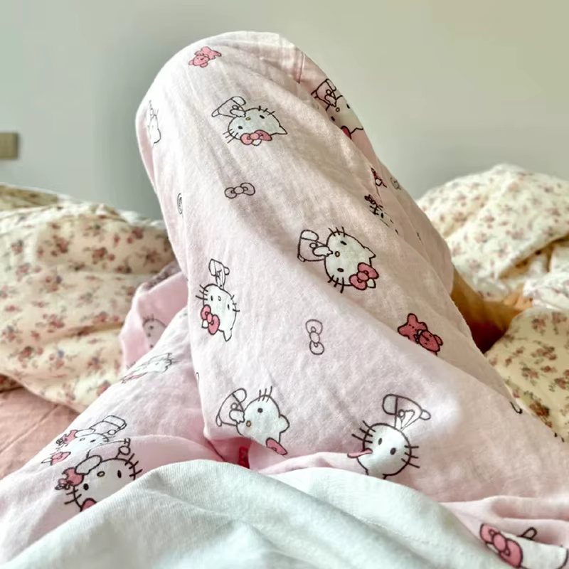 Pantalon de pyjama d'été Sanrio HelloKitty pour femme, motif chaton mignon, coupe ample et fine, tai