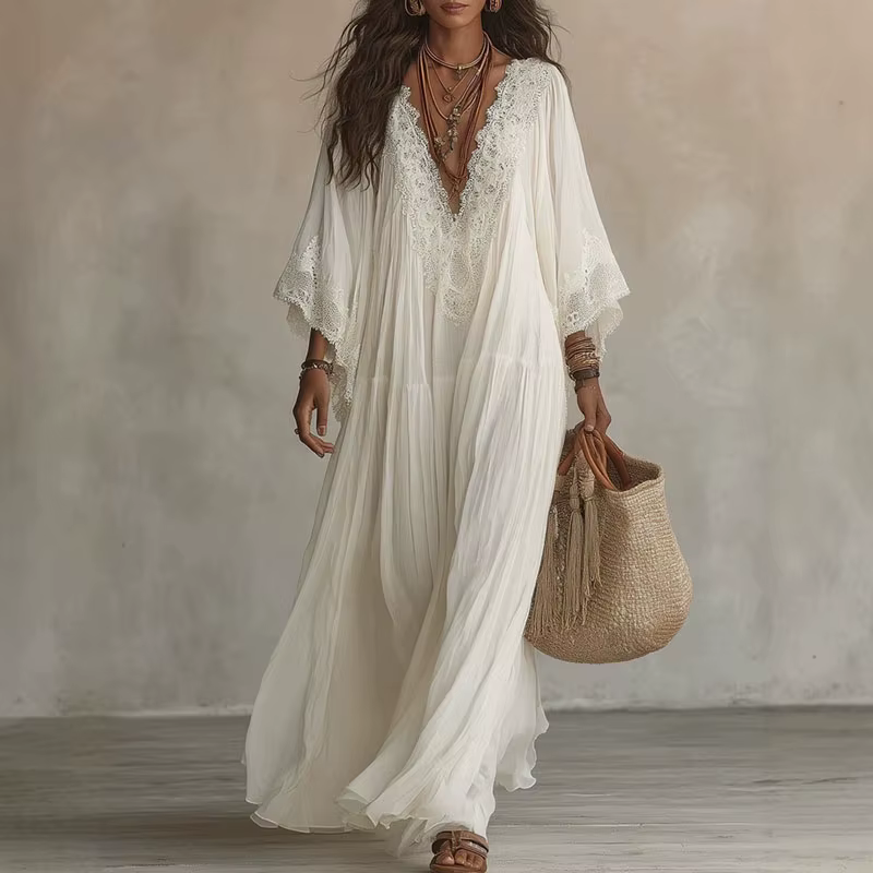 Robe longue vintage en dentelle unie pour femme, col en V profond, manches évasées larges, plis, rob