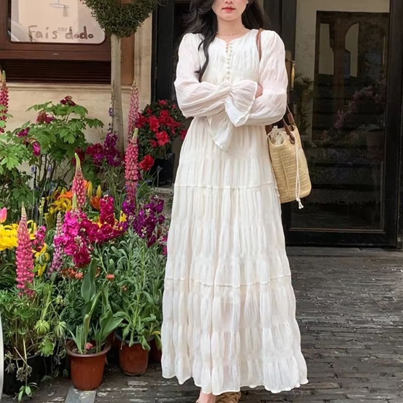 Robe longue plissée à manches évasées pour femmes, robes vintage, mode coréenne, vêtements éducatifs
