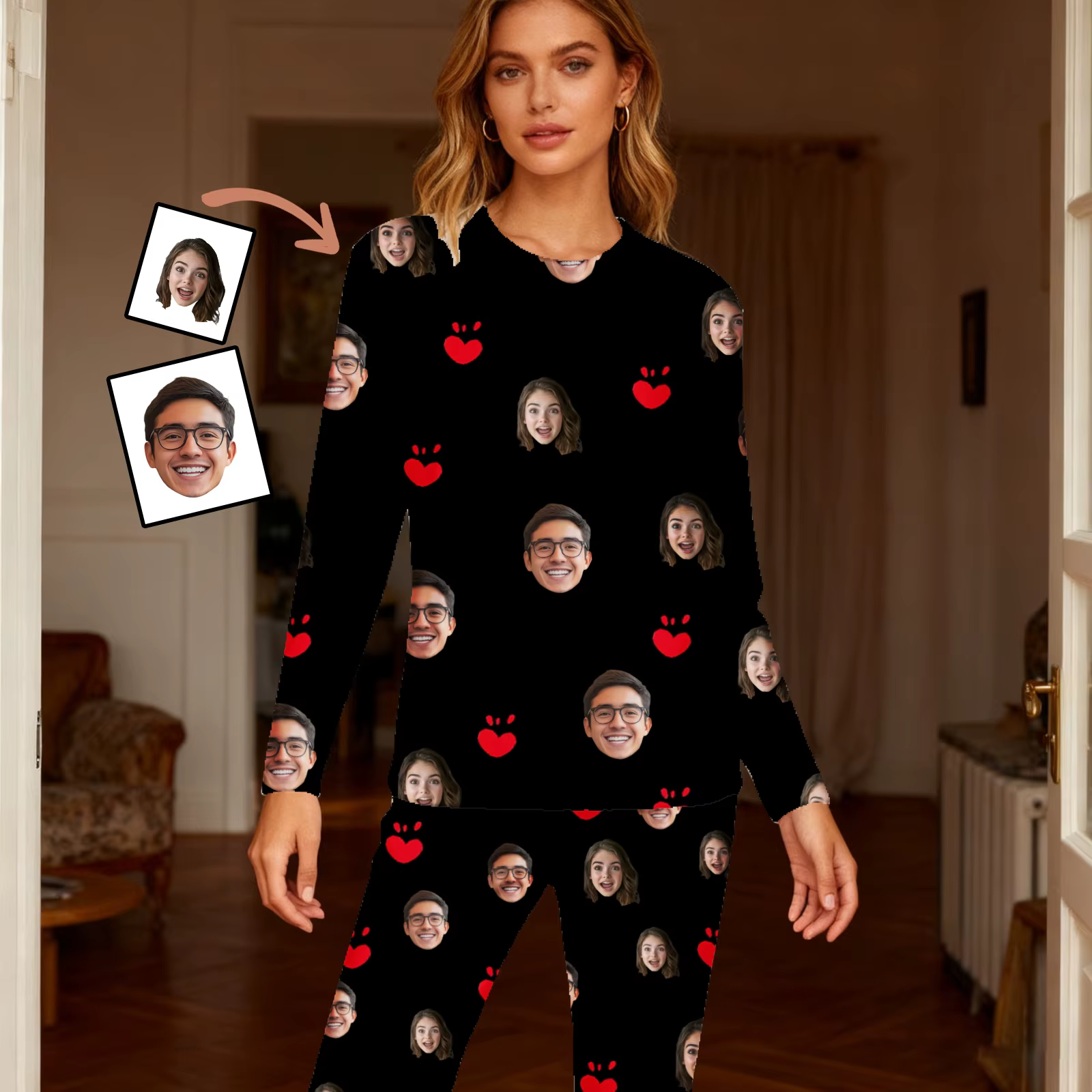Pyjamas pour femmes personnalisés avec visage homewear ensemble de pyjama à manches longues pour fem