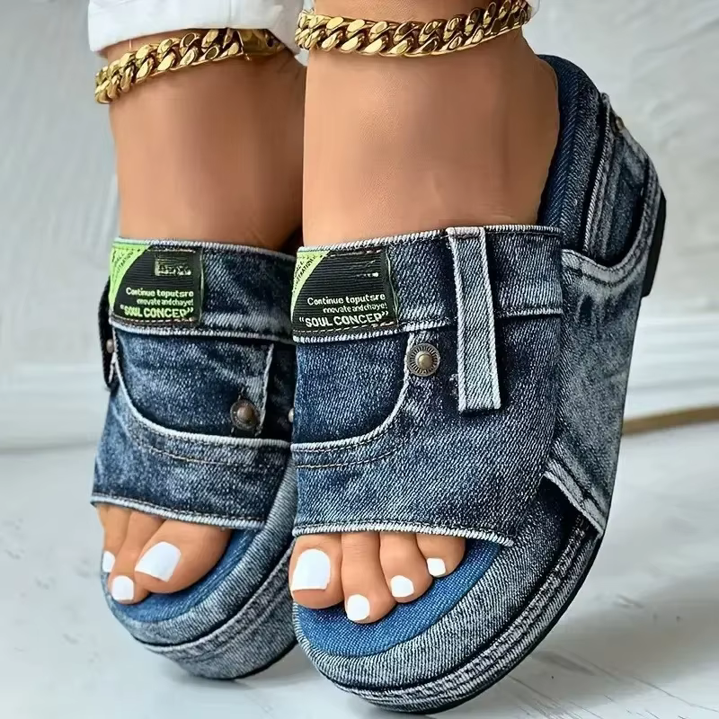 Pantoufles à plateforme en Denim pour femmes, chaussures à talons compensés de luxe, modèle pantoufl