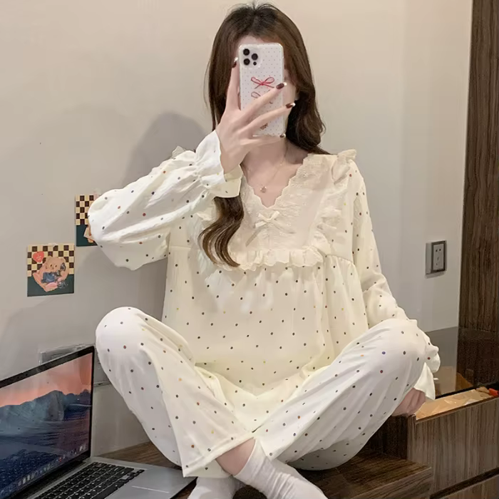 Ensemble de pyjama pour femmes à pois colorés printemps-automne, ensemble de pyjama décontracté simp