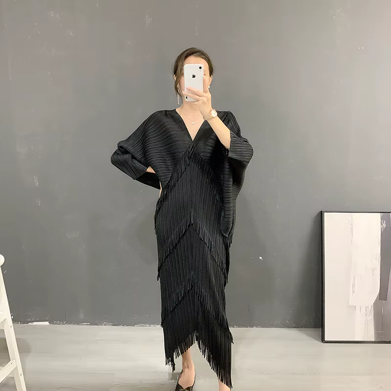 Robe de Soirée Décontractée à Franges pour Femme, Jupe à Franges, Col en V, Manches Chauve-Souris, S